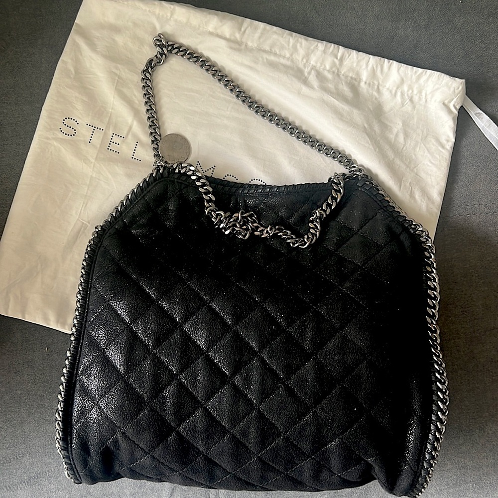 Stella McCartney Large Falabella Quilted Black Pewter Chain Logo Medallion